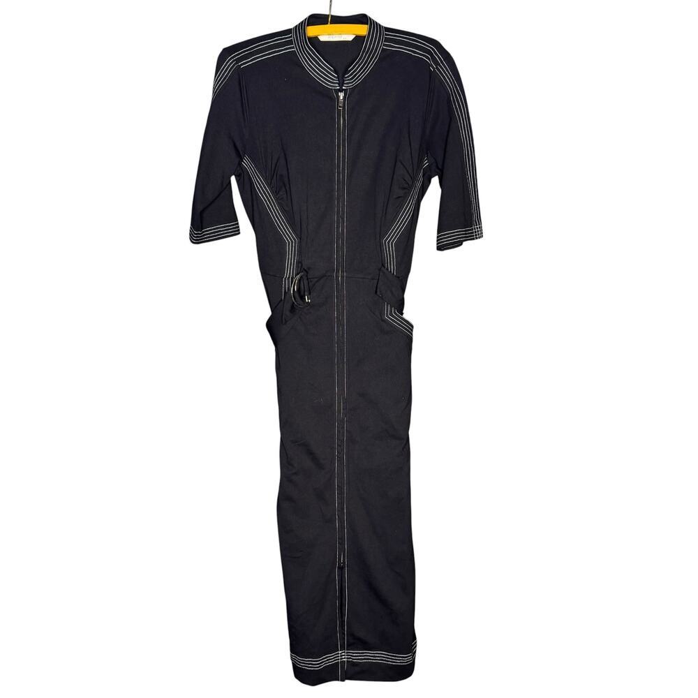 Zapelle Black Utility Dress S 6 Contrast Stitch Zip Front Belted Pockets